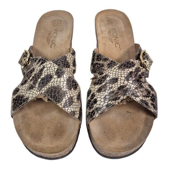 Vionic Orthaheel Danette Cork Wedge Sandal Snakeskin Crisscross Gold Buckle Sz 8 - Picture 1 of 6